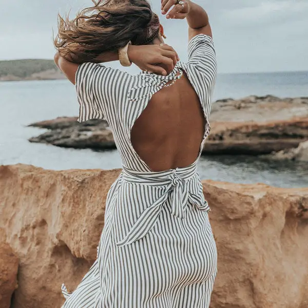 TEELYNN sexy backless deep v neck beach wear midi women dresses 2020 cotton Gray stripes summer dress boho casual vestidos robe