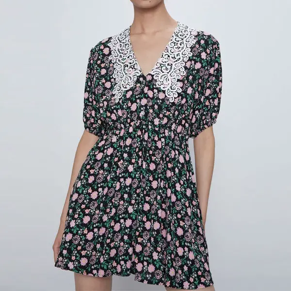 TEELYNN short puff sleeve summer mini dress women 2020 vintage floral print vestidos lace v neck Elastic waist casual dresses