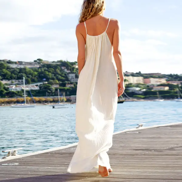 TEELYNN sexy sleeveless strap maxi dress women beach robe solid beige cotton long dress casual 2020 summer vestidos boho dresses