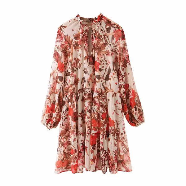 TEELYNN red chiffon flower mini dress vintage loose A-line long sleeve summer dresses beach elegant dress vestidos 2020 boho