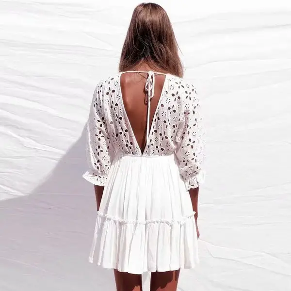 TEELYNN Sexy Backless deep v neck Mini Dress Women 2020 Summer Embroidery Cotton White Lace Dresses Short Tunic Beach vestidos