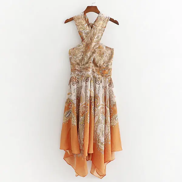 TEELYNN sexy sleeveless backless boho dress Silky polyester Orange paisley patterned summer Dresses Gypsy women dresses vestido