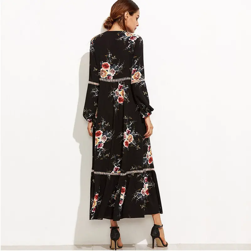 Black Chiffon floral print Dresses 2017 new A-line Vinatge long sleeve sexy V-Neck Maxi Dress elegant casual chic women dress
