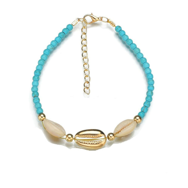 Bracelet de cheville perles bleu et cauri
