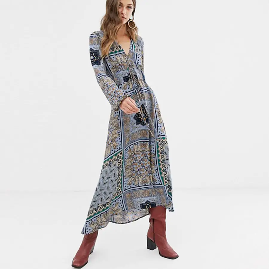TEELYNN long Gypsy dress 2019 rayon blue floral print Dresses v-neck Drawstring waist long sleeve women dresses BOHO vestidos