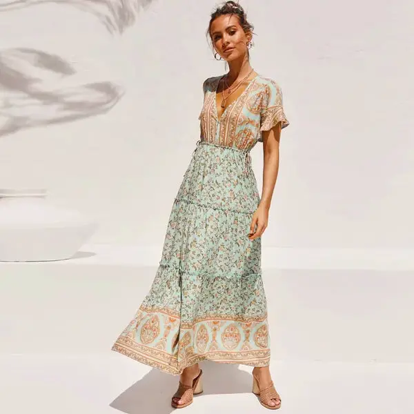 TEELYNN Ruffle Sleeve Maxi Dress women V Neck cotton Vintage Floral Print 2020 Summer dresses Vestidos boho Beach Casual Dresses