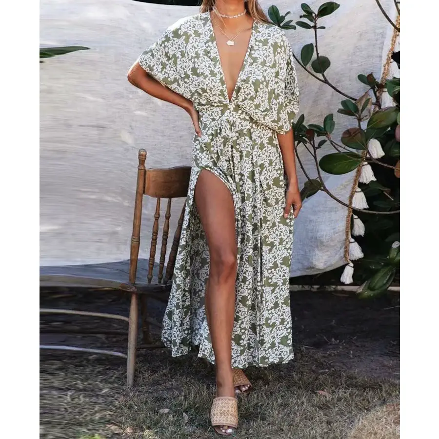 TEELYNN Sexy Deep V Neck Maxi Dress women Vestidos 2020 Vintage Floral print Side split Boho dresses Summer beach Casual Dresses